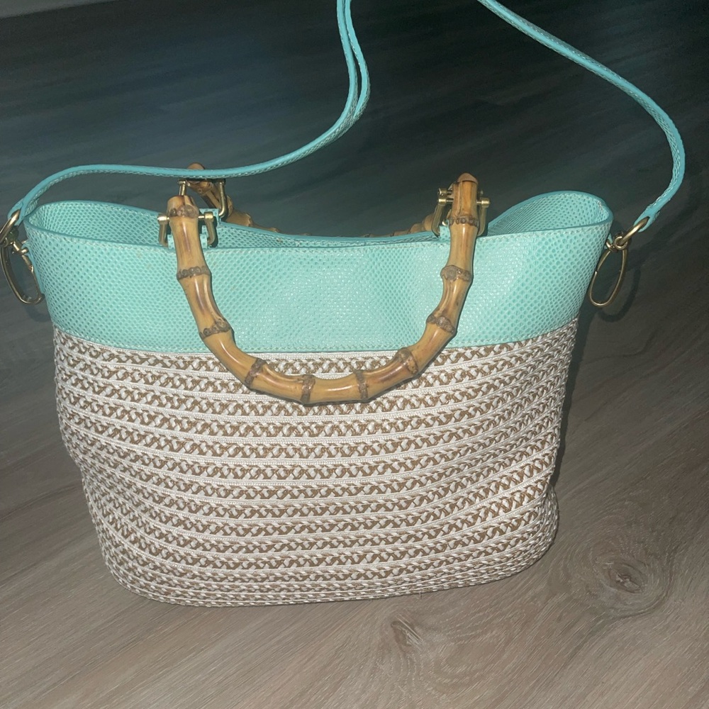 Eric Javits Womens Analu Squishee Tote Bag Beige/Mint Green